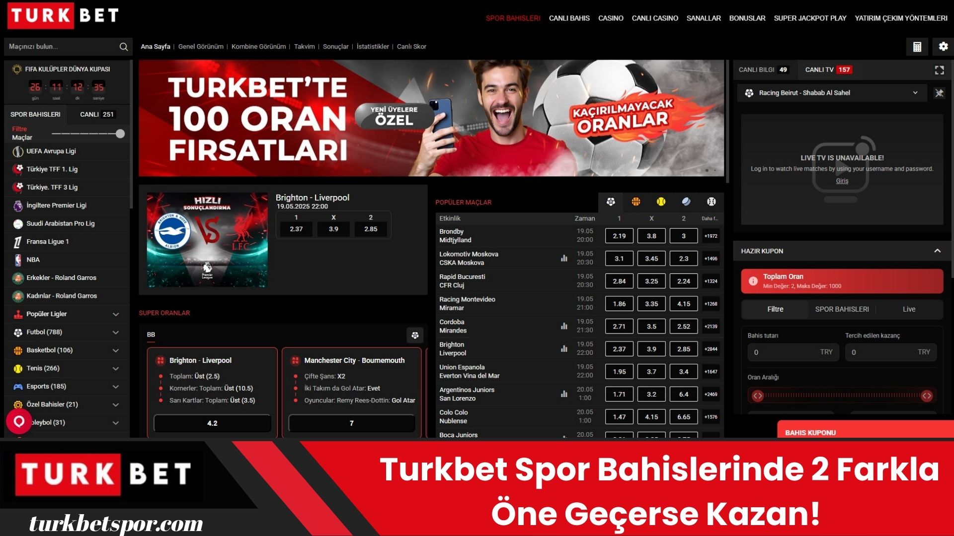 Turkbet Spor Bahislerinde 2 Farkla Öne Geçerse Kazan!